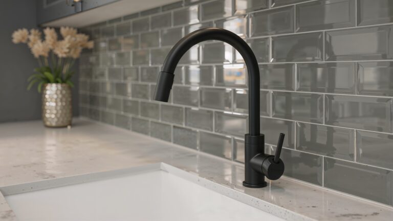 Detailed view of a black faucet against grey cabinets and a glass subway tile backsplash